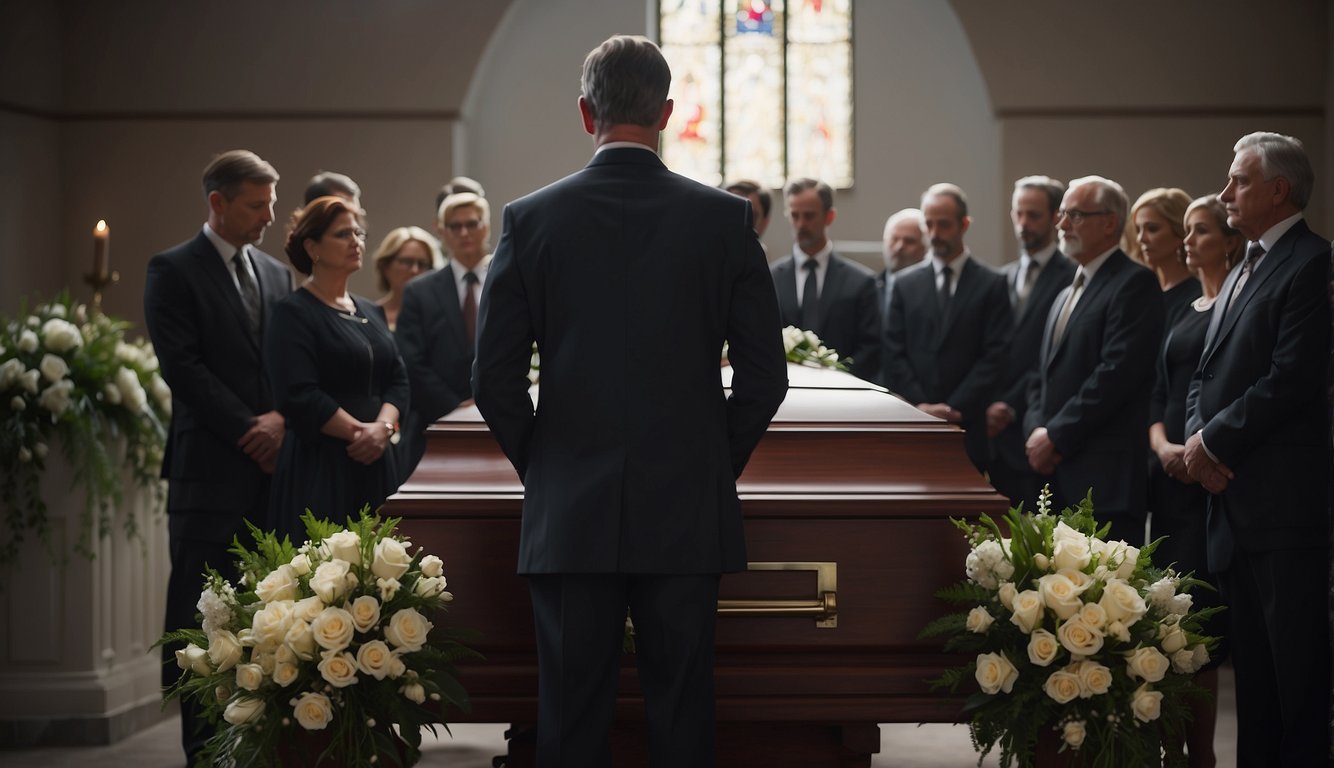 A somber group gathers around a casket, heads bowed in prayer. A minister stands at the pulpit, sharing words of comfort and hope with the mourners. Flowers adorn the room, casting a gentle fragrance in the air