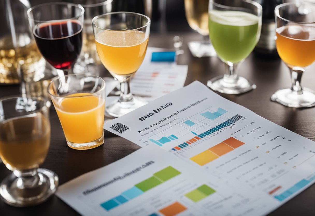 A table with various non-alcoholic and alcoholic drinks, price tags displayed. Charts and graphs showing cost analysis in the background