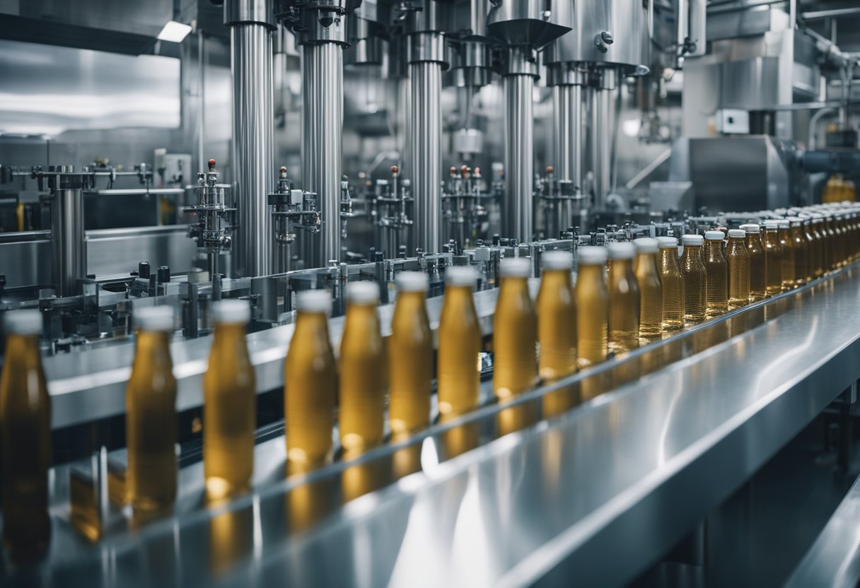 A modern factory line producing non-alcoholic aperitif drinks with advanced machinery and quality control measures. Brightly colored bottles and packaging are being filled and labeled with precision