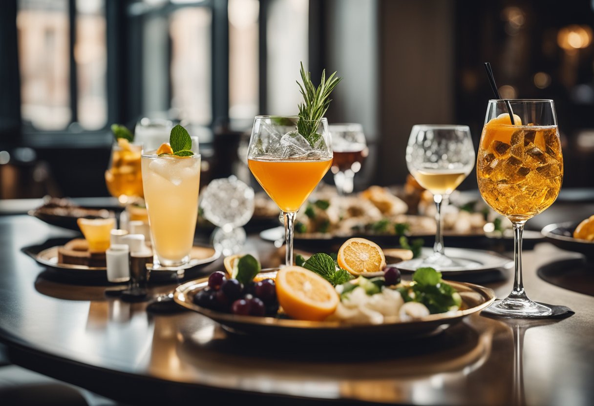 A table set with expensive non-alcoholic aperitif drinks next to cheaper alcoholic drinks, surrounded by elegant glassware and a luxurious ambiance