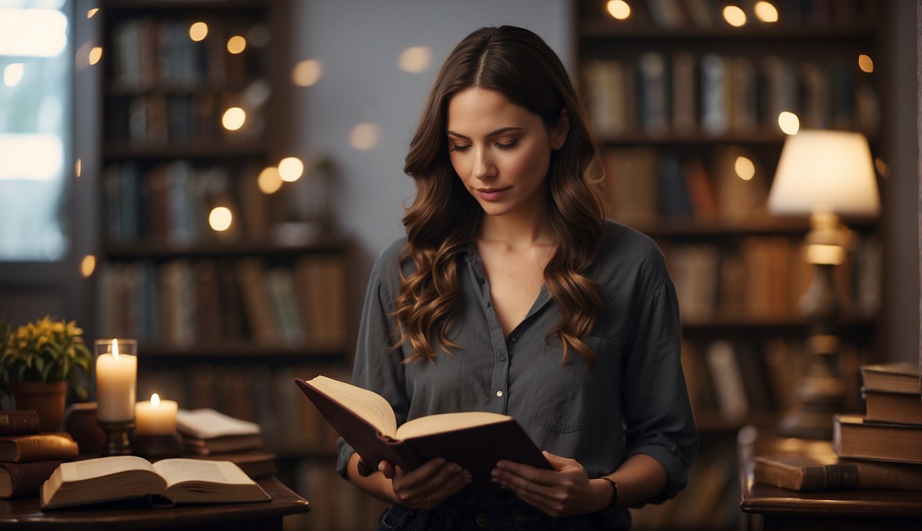 A serene woman reading scripture, surrounded by books and a journal, with a peaceful atmosphere and a sense of introspection and growth