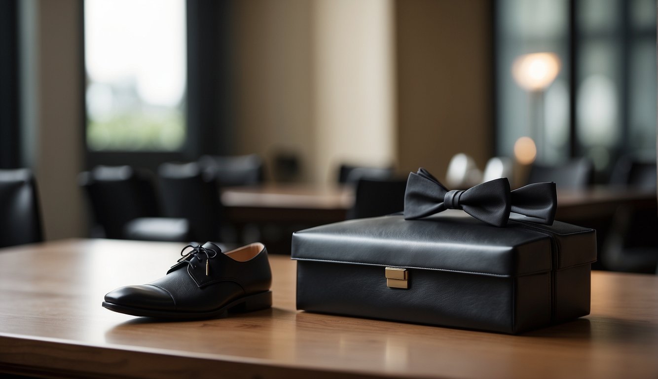 A table with a neatly folded tuxedo, dress shirt, bow tie, and black dress shoes. A clutch purse and jewelry box sit nearby