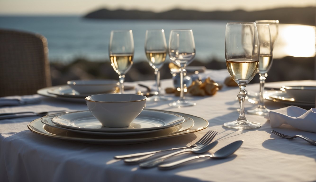 A table set with elegant dinnerware and a formal attire laid out, including a suit and gown, with a view of the ocean in the background