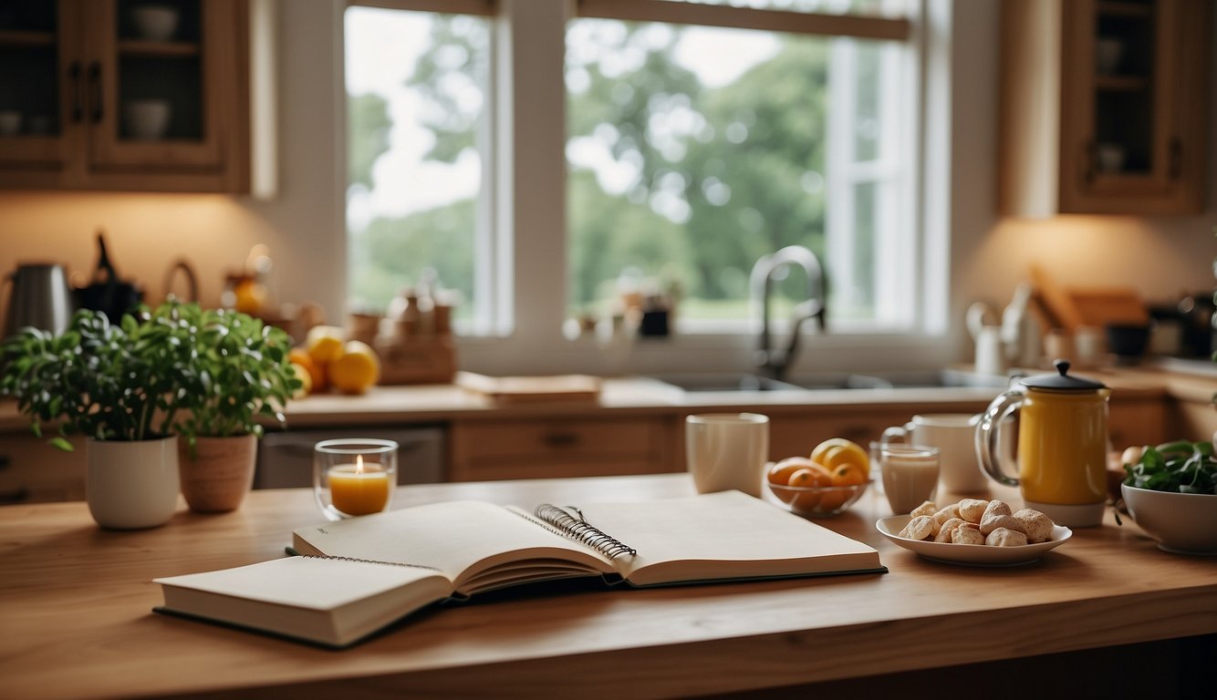 A tidy, well-lit kitchen with a cookbook open to a recipe, a neatly made bed, and a desk with a planner and pen