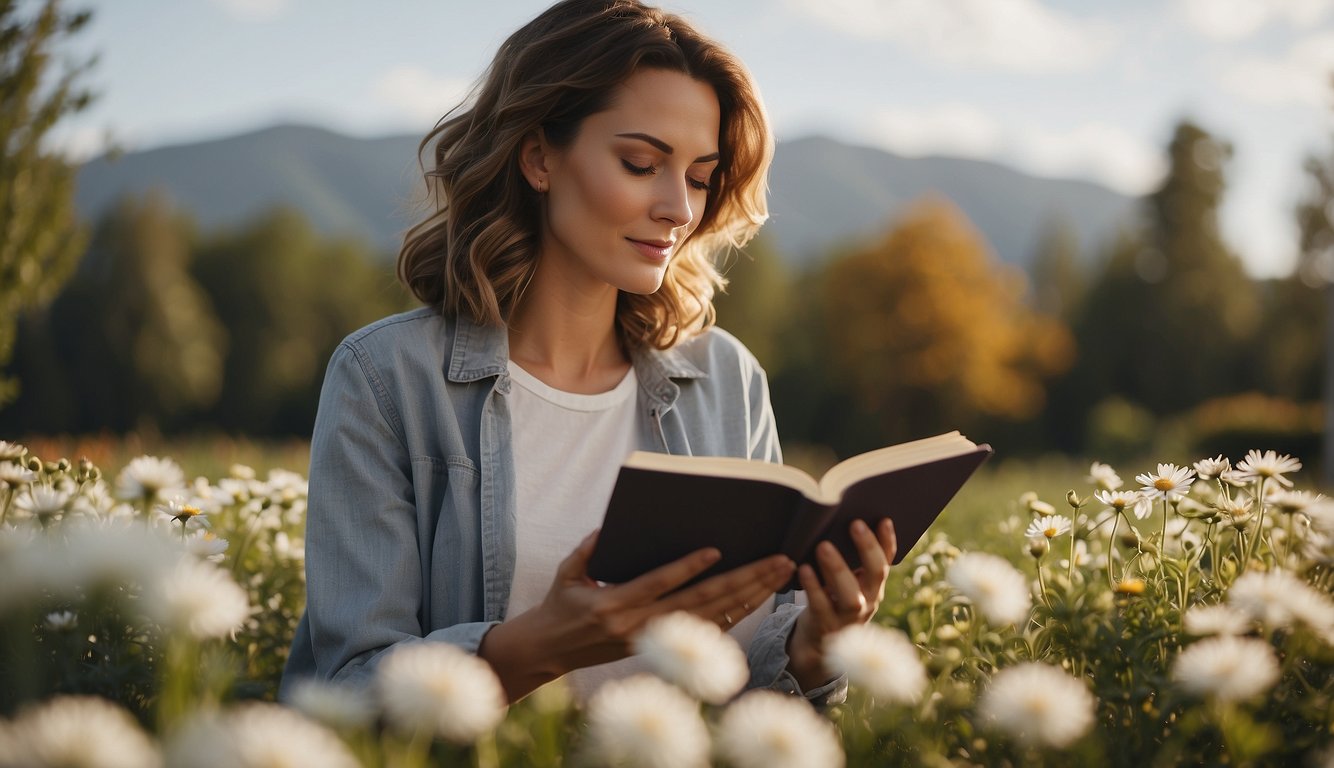 A woman reading a book, surrounded by flowers and a peaceful atmosphere, exuding confidence and contentment in her singleness
