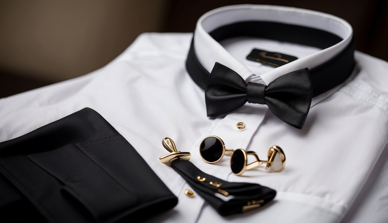 A tuxedo jacket, crisp white shirt, bow tie, and tailored trousers laid out on a bed with shiny dress shoes and cufflinks