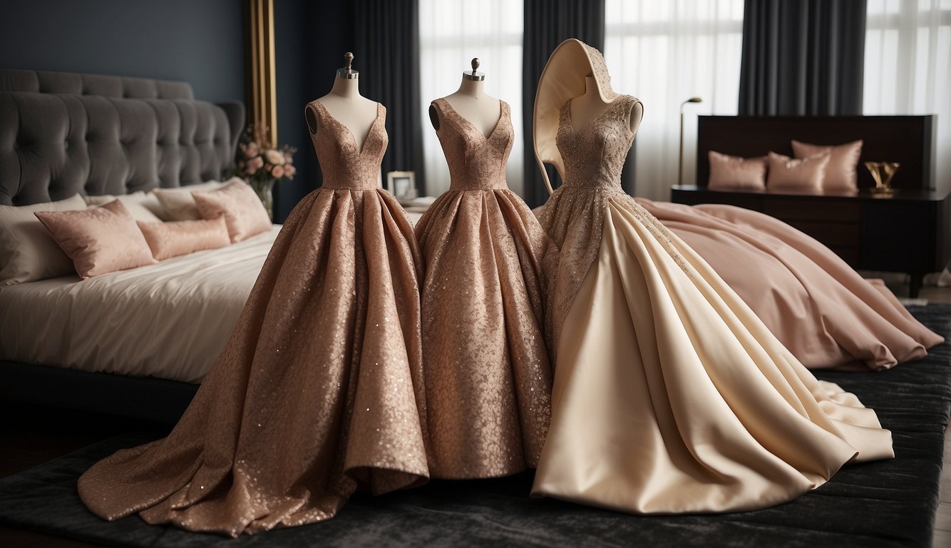 A group of elegant evening gowns and formal suits laid out on a bed, with matching shoes and accessories neatly arranged beside them