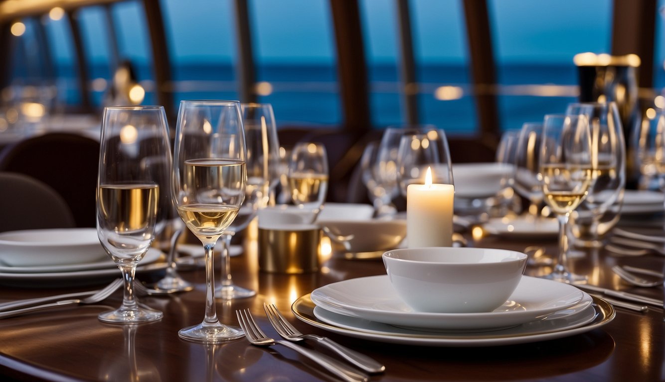 A table set with elegant dinnerware and glassware for a formal night on a cruise ship, with a menu and wine glasses arranged neatly