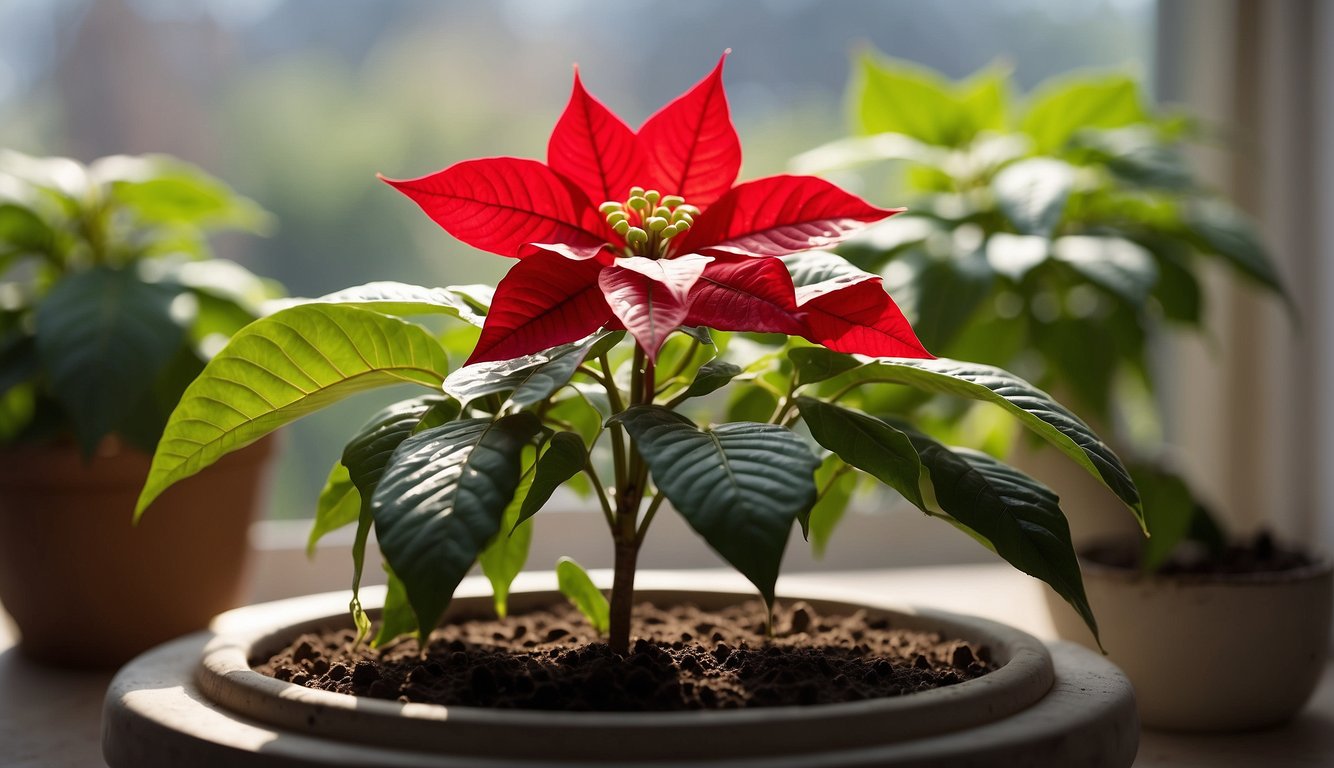 A poinsettia sits on a sunny windowsill, surrounded by well-draining soil and kept consistently moist. The room is kept at a temperature between 65-70°F, with indirect sunlight and regular fertilization