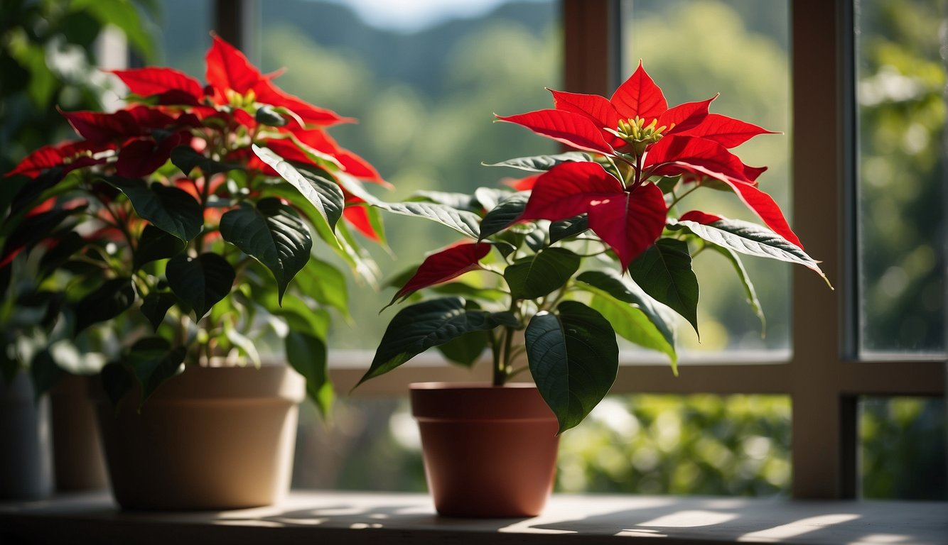 A poinsettia plant sits on a sunny windowsill, surrounded by other greenery. Its vibrant red leaves contrast against the lush green backdrop, showcasing its year-round beauty