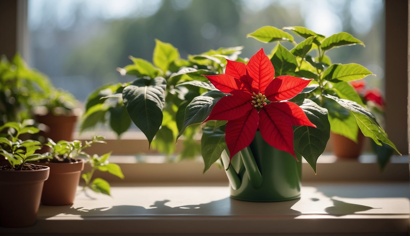 A vibrant poinsettia plant sits on a sunny windowsill, surrounded by other greenery. A small watering can and a bag of fertilizer are nearby, indicating the care and attention given to encourage the plant to rebloom
