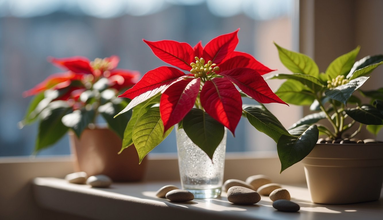 A poinsettia plant sits on a sunny windowsill, watered sparingly and placed away from drafts. A small dish of pebbles filled with water sits nearby to provide humidity