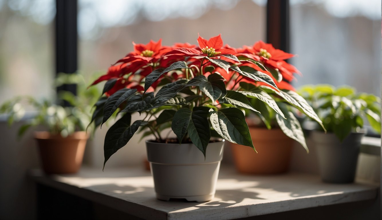 A poinsettia plant sits on a sunny windowsill, surrounded by well-draining soil and watered sparingly to avoid root rot. A humidifier nearby keeps the air moist, and the plant is regularly pruned to encourage new growth