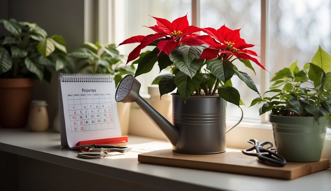 A poinsettia plant sits on a sunny windowsill, surrounded by gardening tools, a watering can, and a calendar with reminders for fertilizing and pruning. A diagram shows the plant's life cycle and care instructions