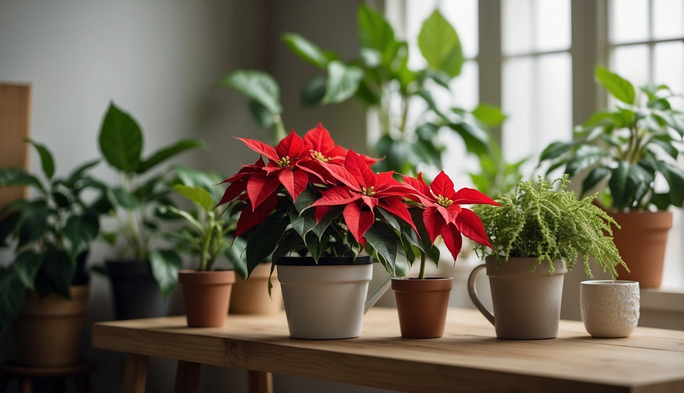 A poinsettia plant sits in a well-lit room, surrounded by other houseplants. A watering can and plant fertilizer are nearby, along with a calendar marked with reminders for care