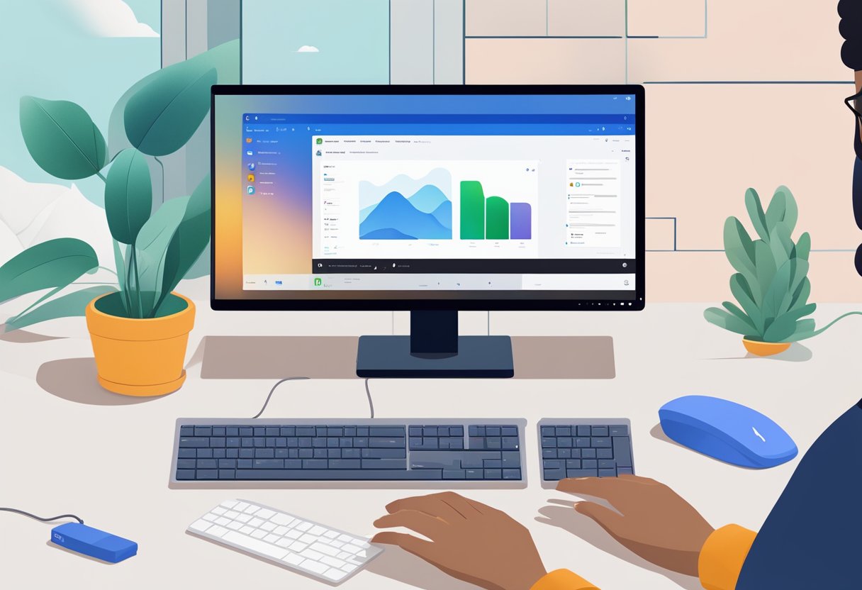A computer screen displaying a Windows 11 desktop with a Microsoft Store icon. A hand holding a mouse clicks on the icon, followed by a series of troubleshooting steps on the screen
