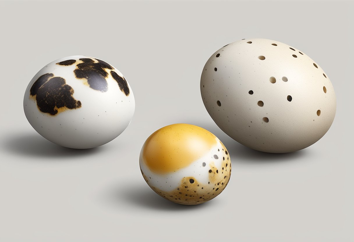 Quail eggs and chicken eggs displayed side by side on a clean white surface with a ruler for size comparison