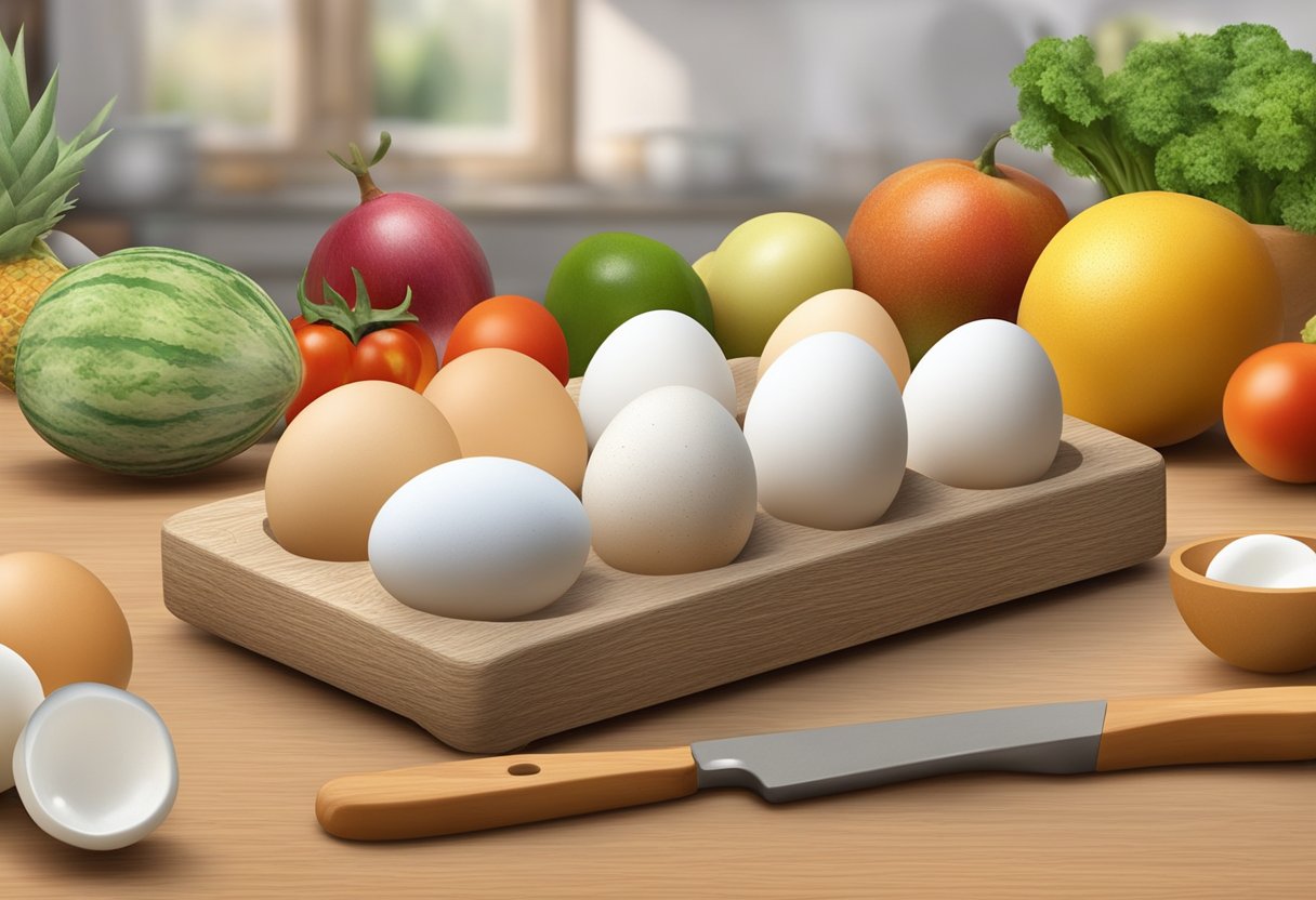 A comparison of quail and chicken eggs, both placed on a wooden cutting board with a variety of fruits and vegetables in the background