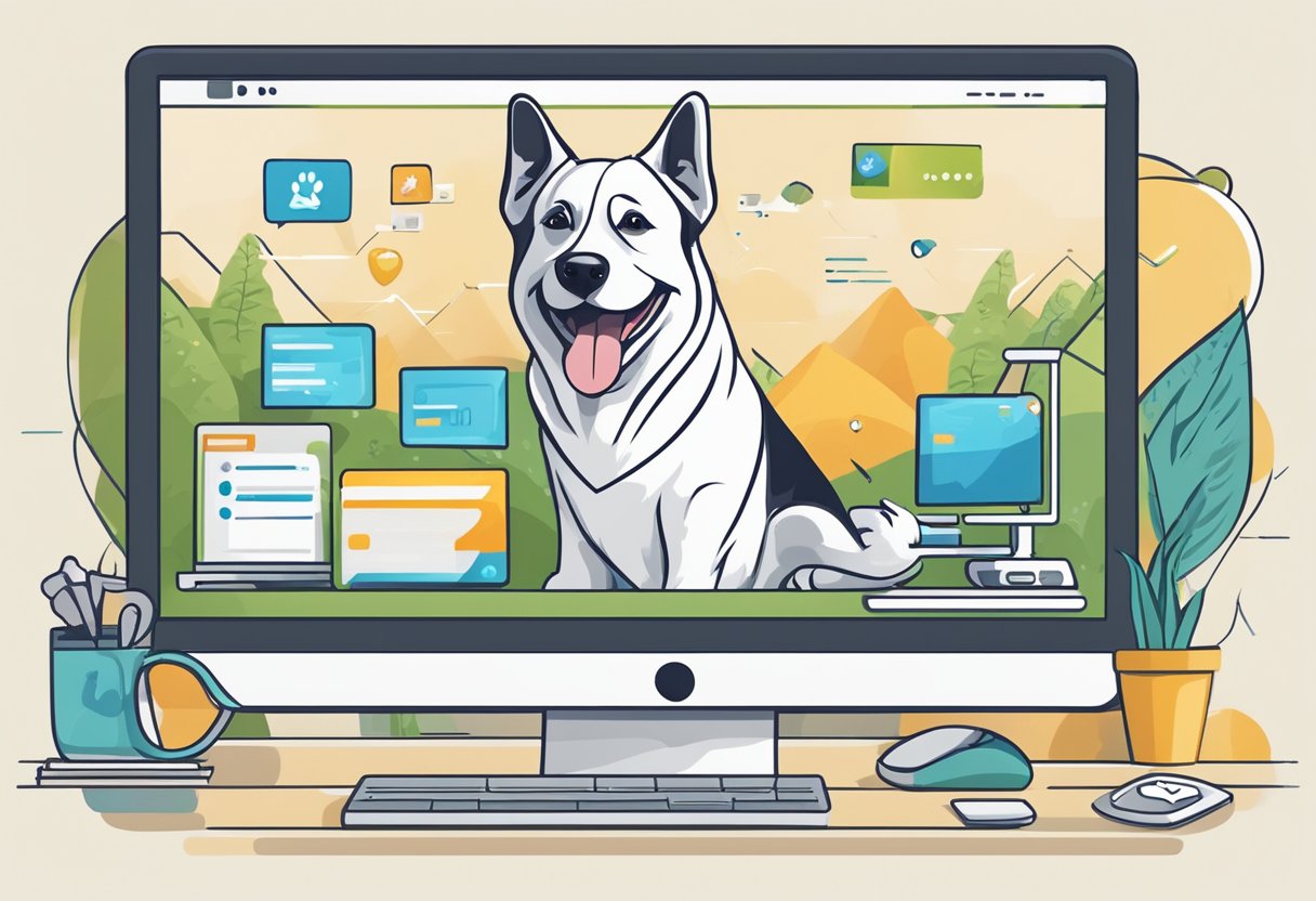 A happy dog sits in front of a computer, with a .dog domain on the screen. Pet products surround the dog, showcasing the benefits of using a .dog domain for pet businesses