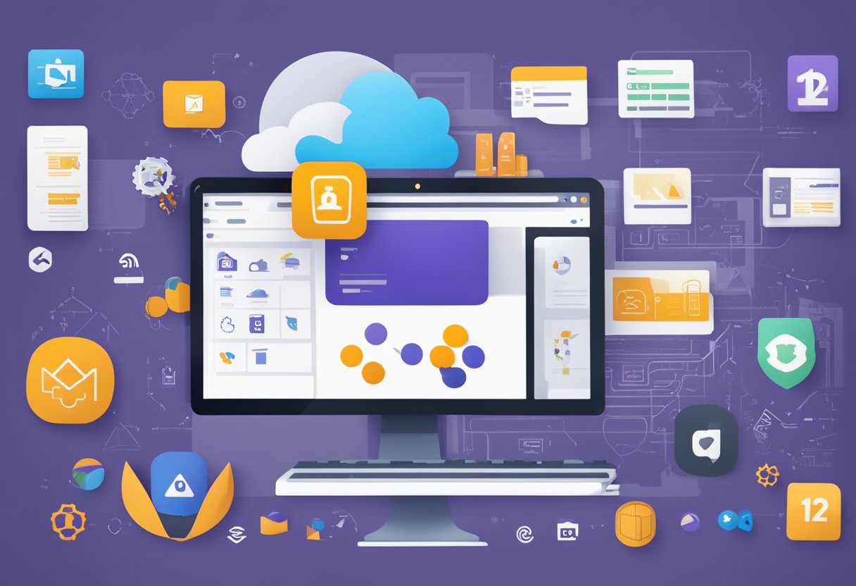 A computer screen displaying "Error Code 42b" with a Microsoft Teams logo in the background, surrounded by various technical symbols and icons