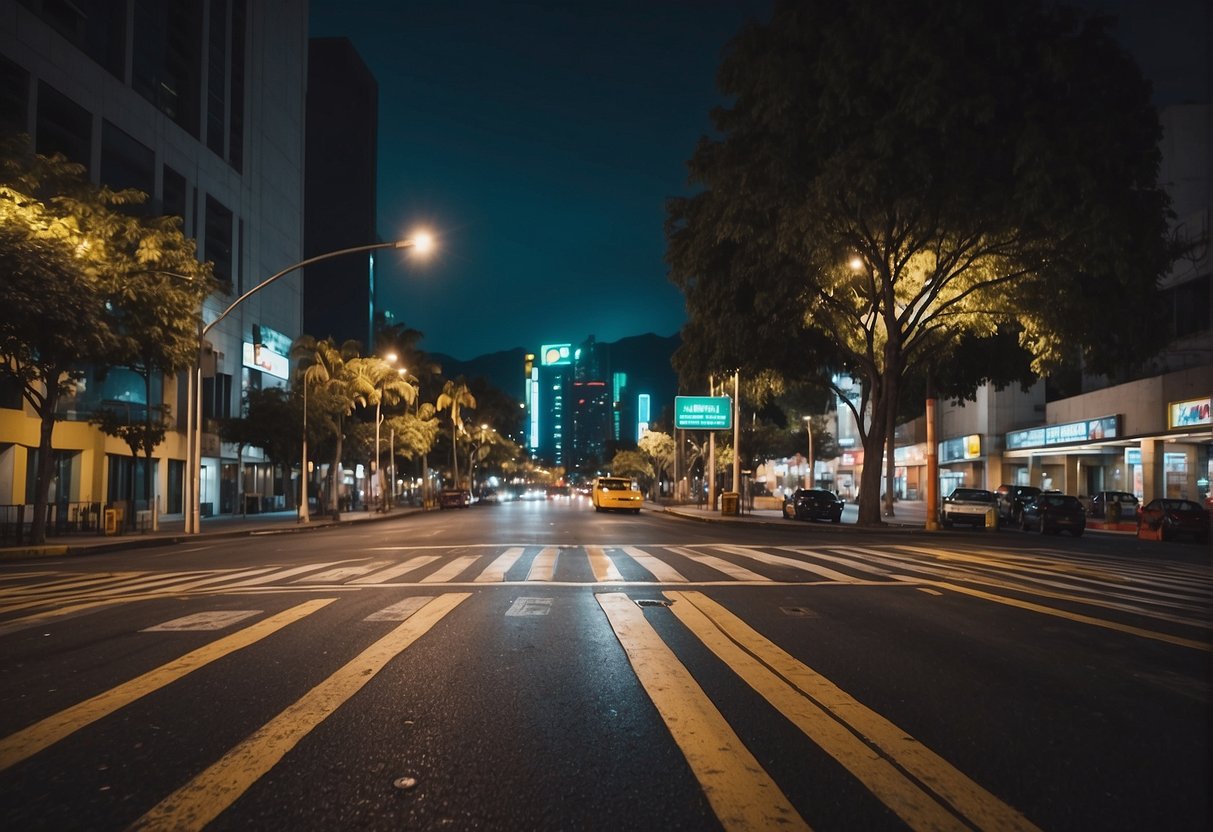 A well-lit street in Monterrey, Mexico with a clear view of a pedestrian crossing, traffic signals, and a taxi driving cautiously