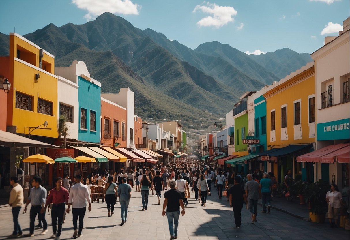 A bustling street in Monterrey, Mexico, with colorful buildings, people walking freely, and signs displaying local laws and cultural norms