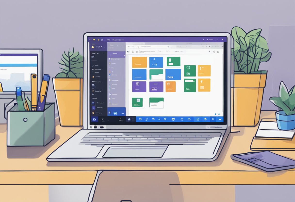 A computer screen showing Microsoft Teams and Outlook icons with a progress bar indicating a setup fix in progress
