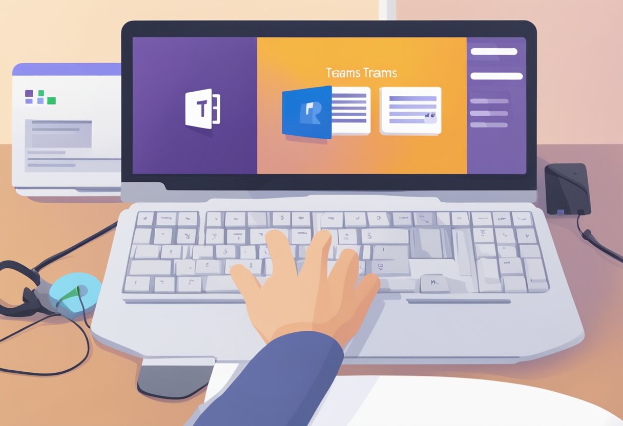 A computer screen displaying a "Microsoft Teams status unknown" error message, with a technician's hand reaching for the keyboard to troubleshoot