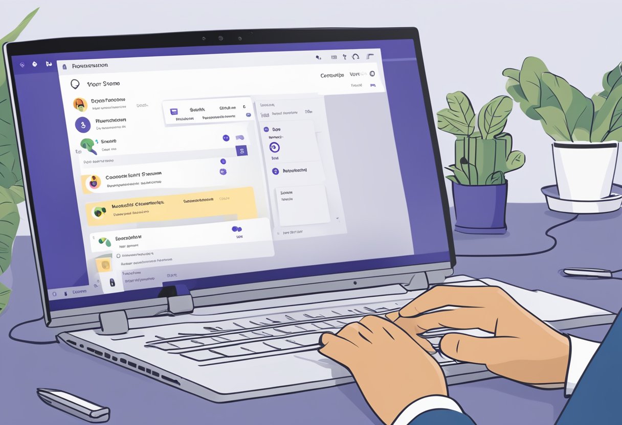A computer screen displays a Microsoft Teams interface with a voicemail notification. A user's cursor hovers over the settings menu, indicating configuration adjustments