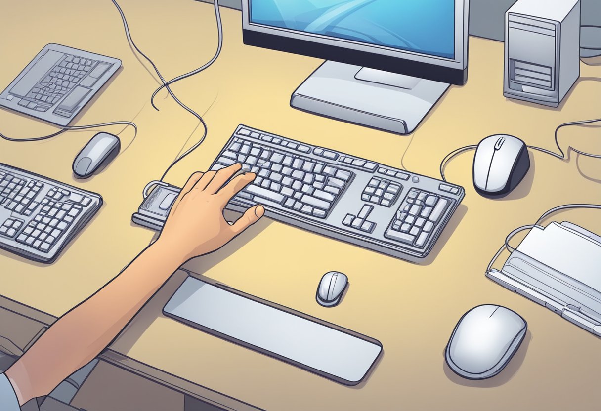 A hand reaches for a computer mouse. The middle button does not respond. The person checks the connections and troubleshoots the issue