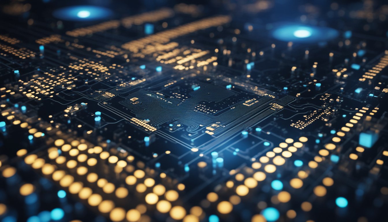 A computer processing complex data with AI algorithms, displaying patterns and making predictions, while ethical considerations are integrated into the system