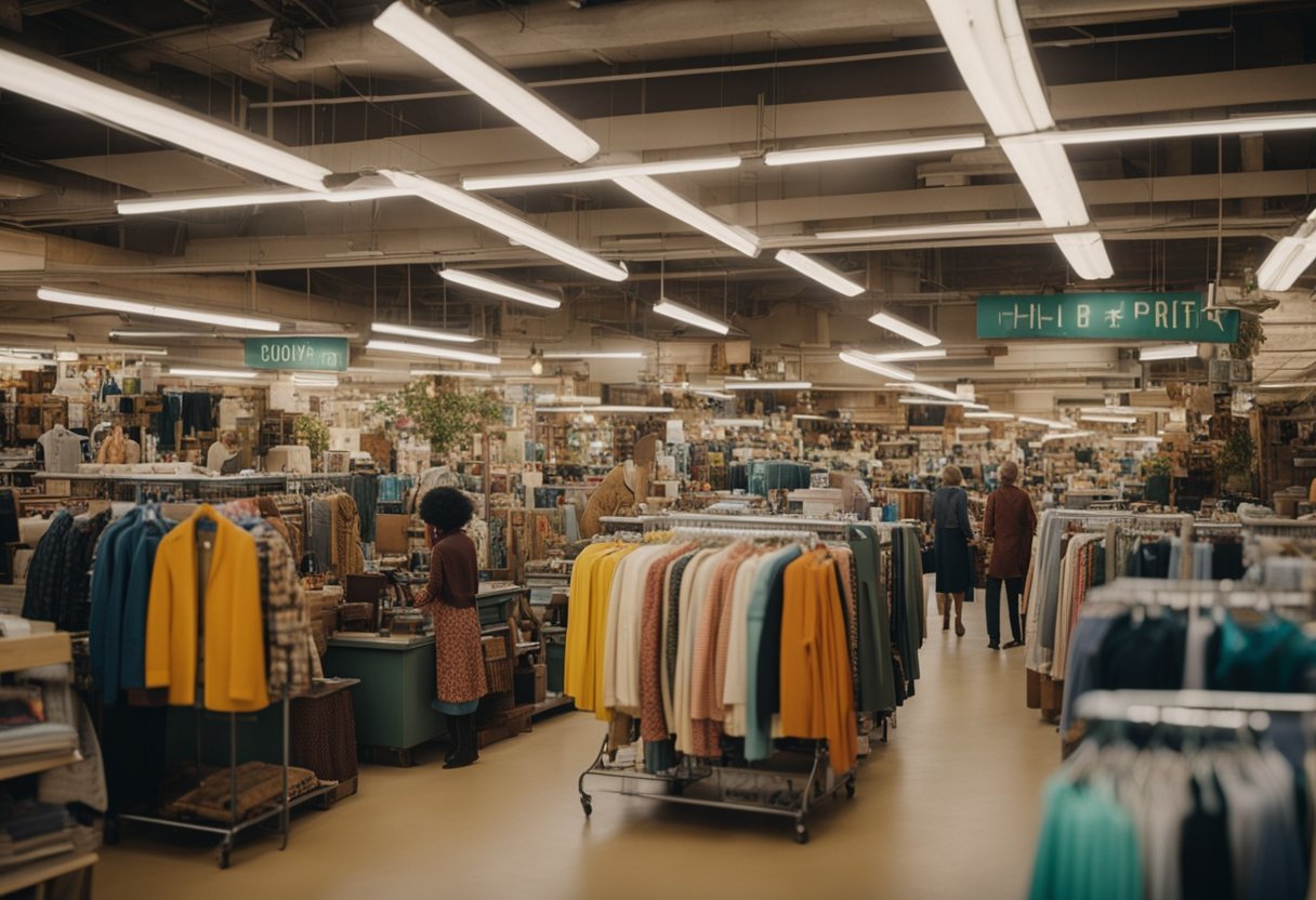 A bustling thrift store in LA with racks of colorful clothing, shelves of vintage knick-knacks, and customers browsing through the eclectic selection