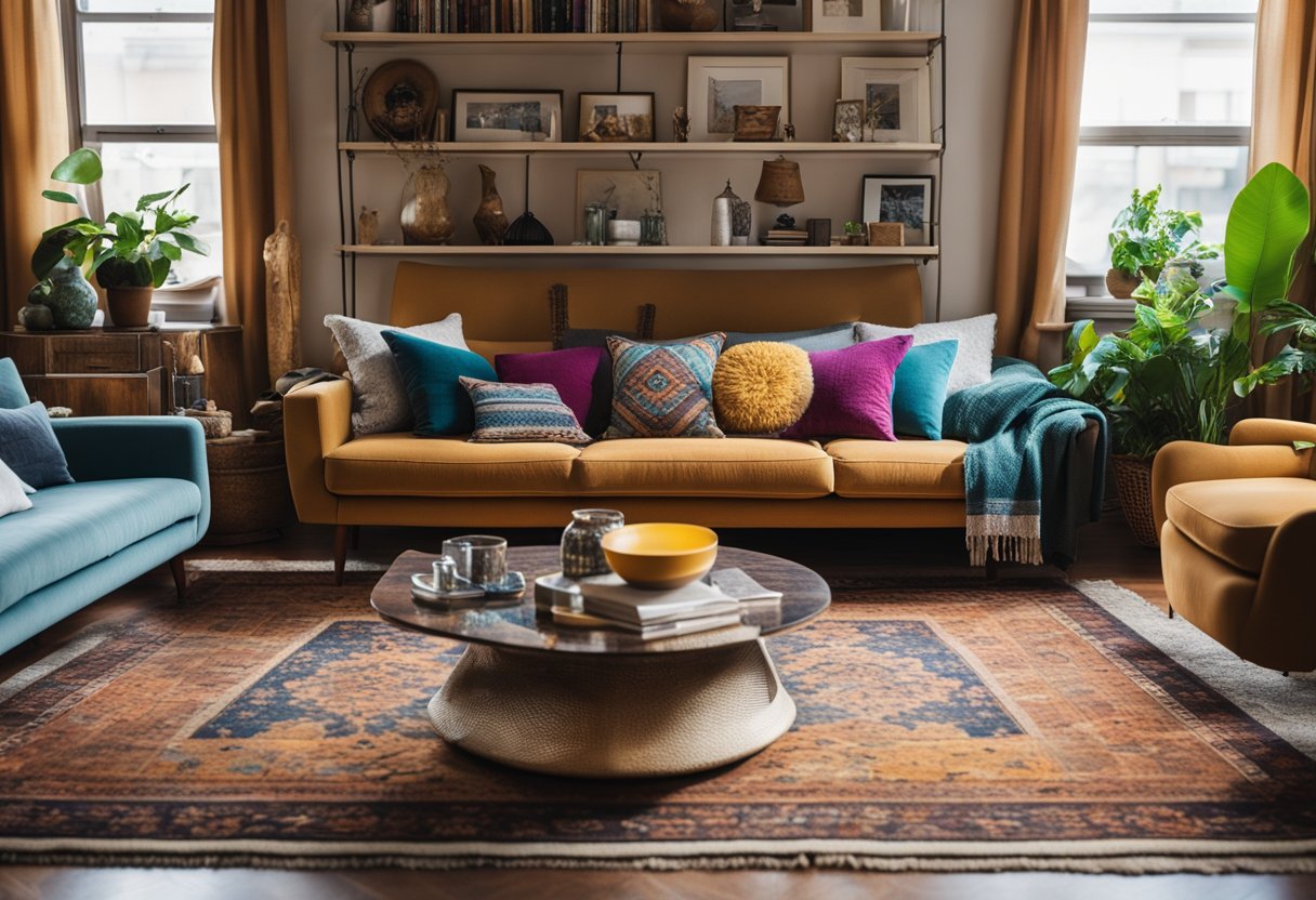 A cozy living room with vintage sofas, a colorful rug, and shelves filled with unique artwork and eclectic knick-knacks. Embraces best thrift stores in LA
