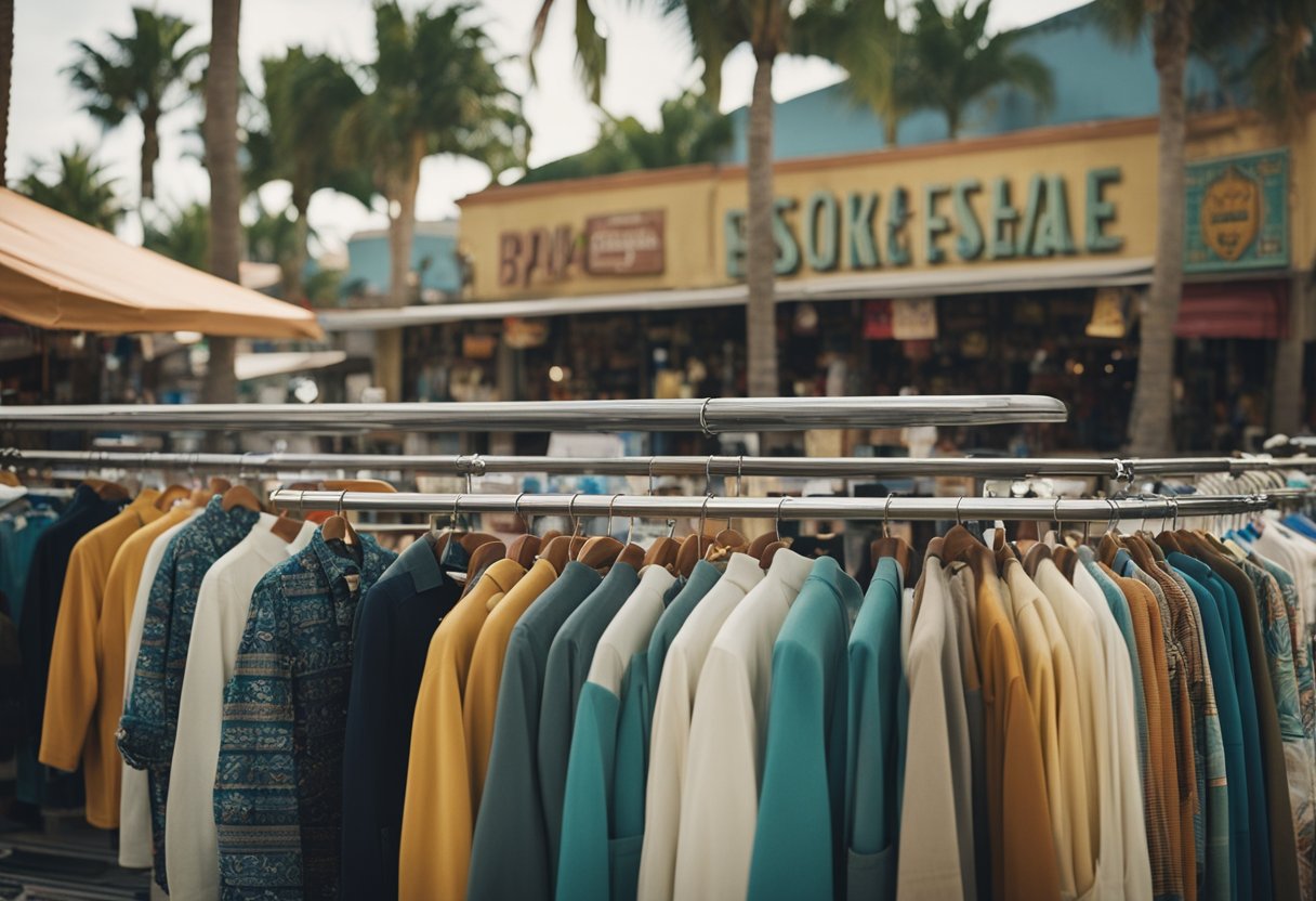 Colorful storefronts line the bustling street among best thrift stores in LA, displaying racks of vintage surf and skate apparel. Palm trees sway in the background as customers browse through racks of retro clothing and accessories