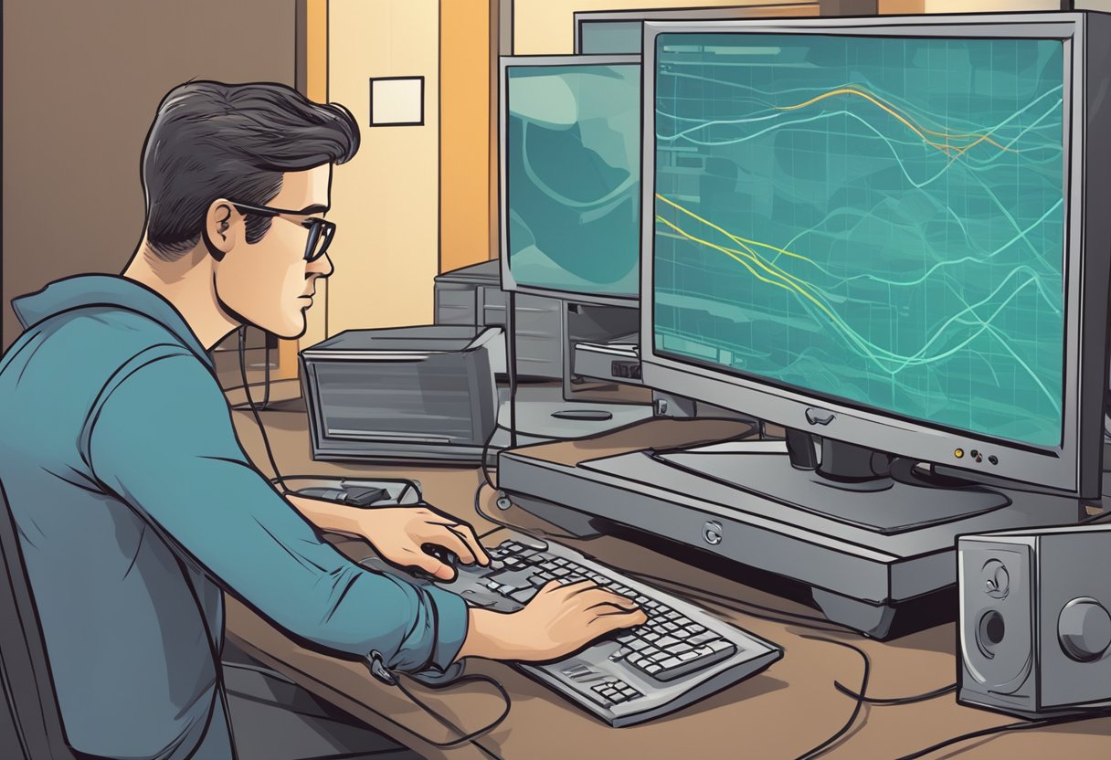 A monitor with a "no signal" message on the screen, unplugged cables, and a frustrated user trying to troubleshoot the issue