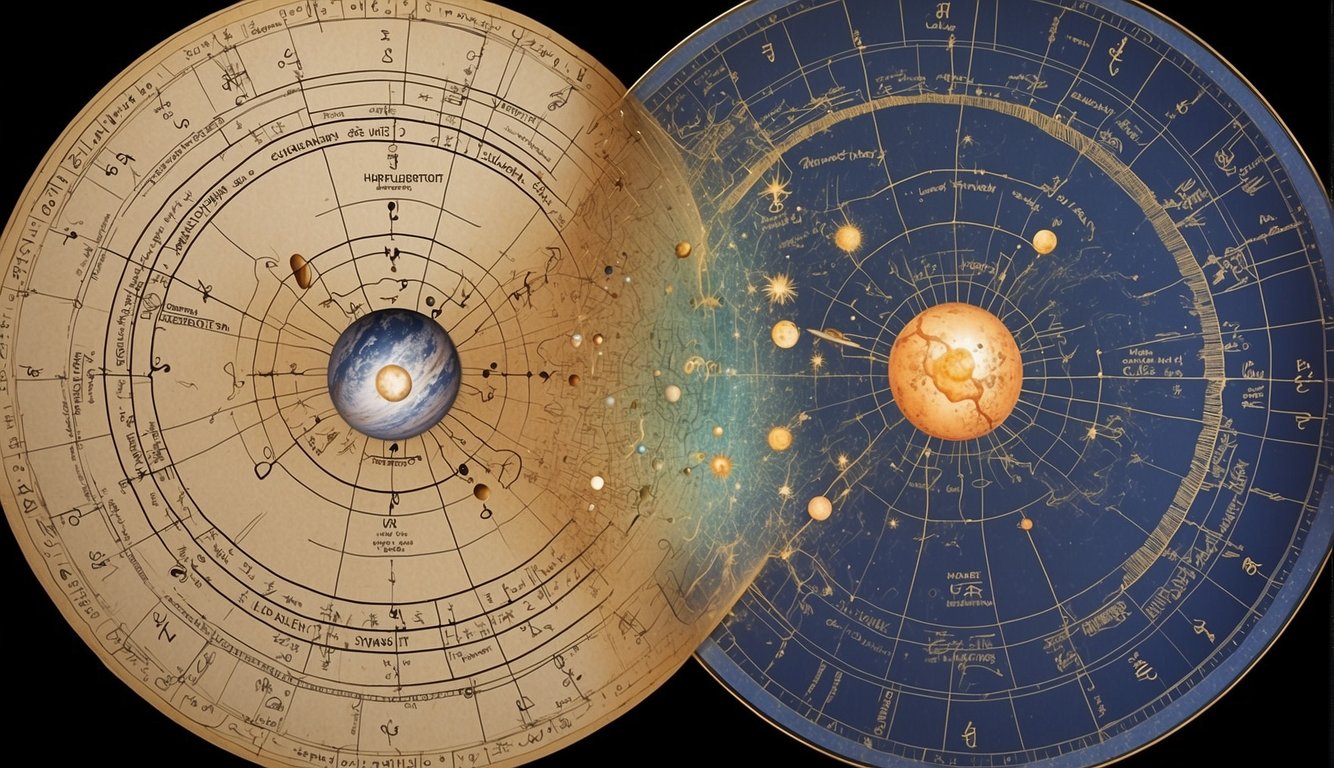 Two synastry charts side by side, with planetary positions and aspects highlighted. Lines connecting the planets, showing the relationship dynamics. Astrology symbols and key elements labeled for beginners