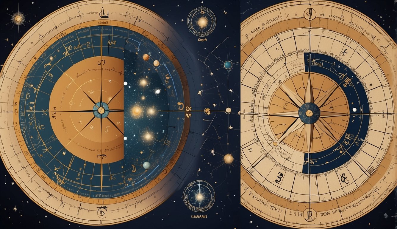 Two astrological charts side by side, with lines connecting planets and points. Symbols and placements are clear and organized