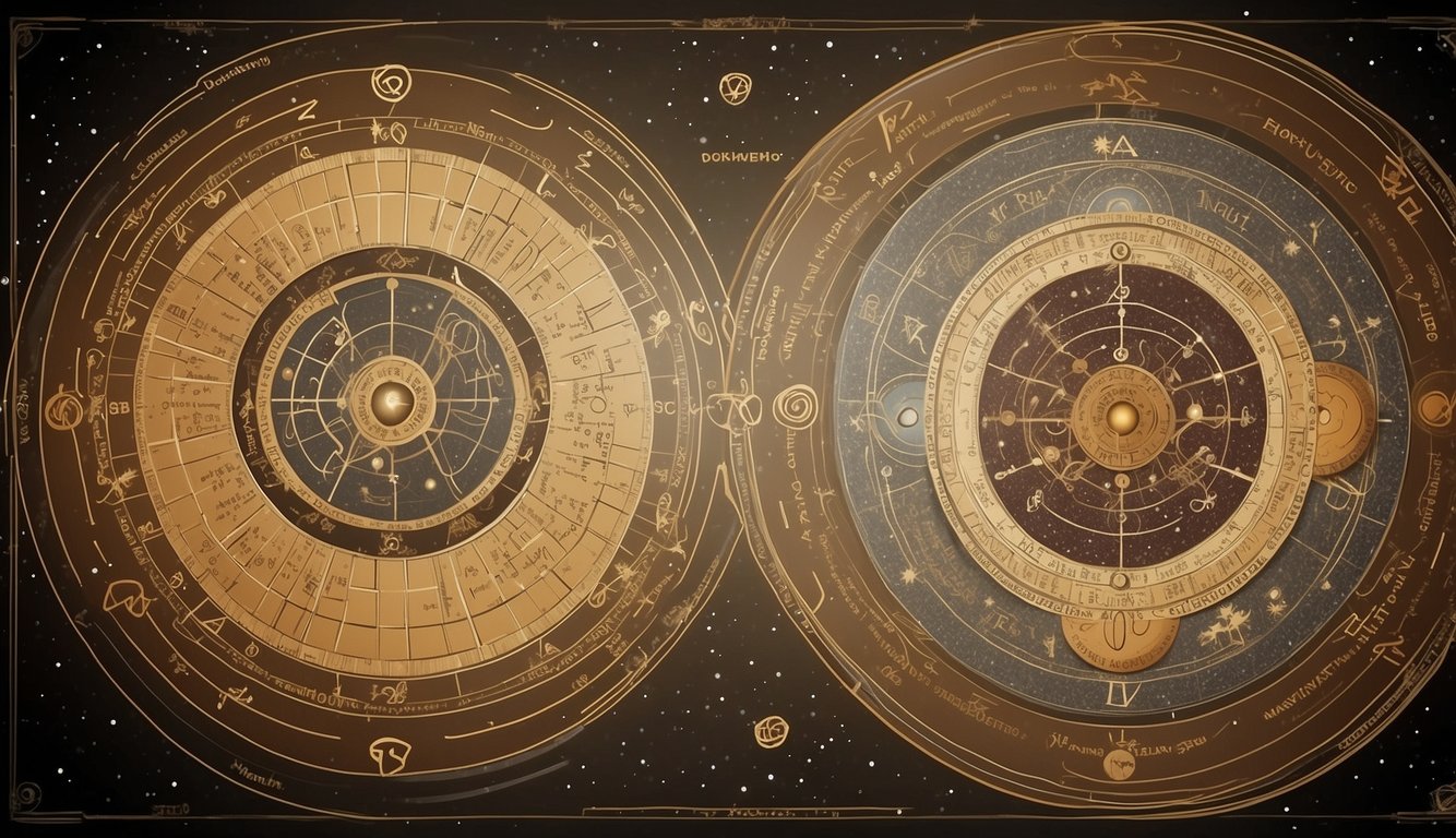 Two intertwined synastry charts with planetary positions and aspects highlighted, surrounded by celestial symbols and connecting lines