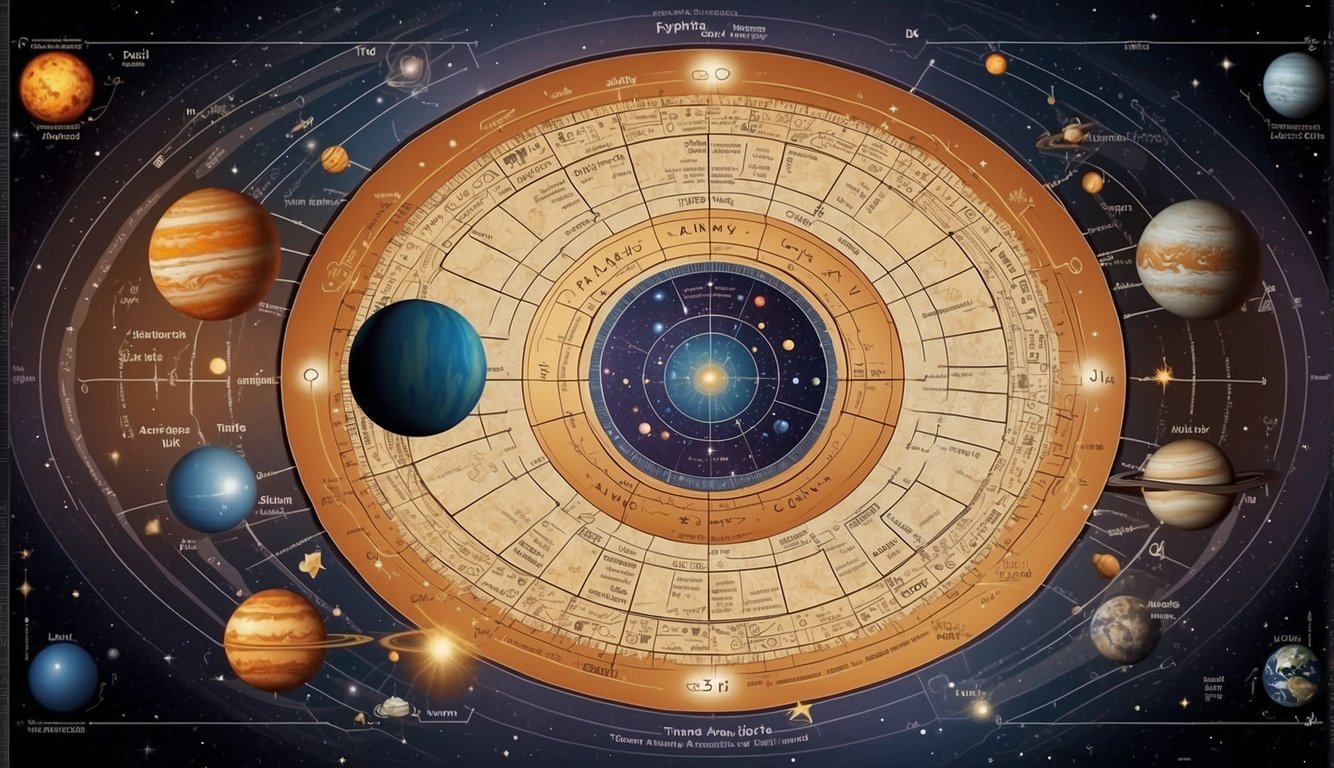 A synastry chart with planets and their positions, connecting lines, and aspects labeled clearly for beginners to understand