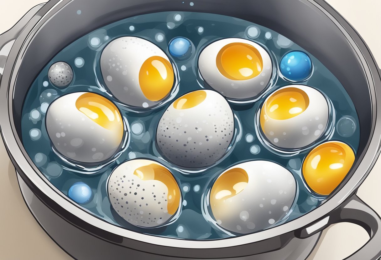 Quail eggs placed in pot of boiling water. Timer set for 2.5 minutes. Water bubbles gently as eggs cook