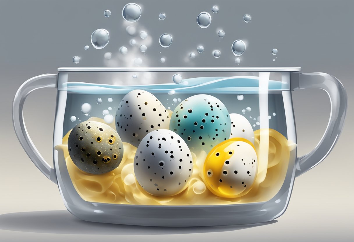 Quail eggs in boiling water, timer set for 2-3 minutes. Bubbles rising, steam swirling. Timer beeps, eggs removed, cooled in cold water