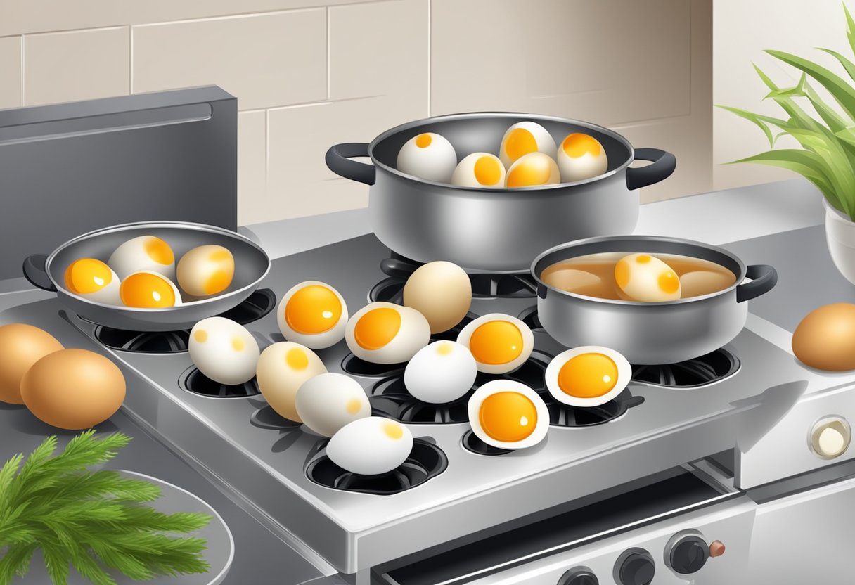 Quail eggs boiling in pot on stove, timer set. Storage containers nearby