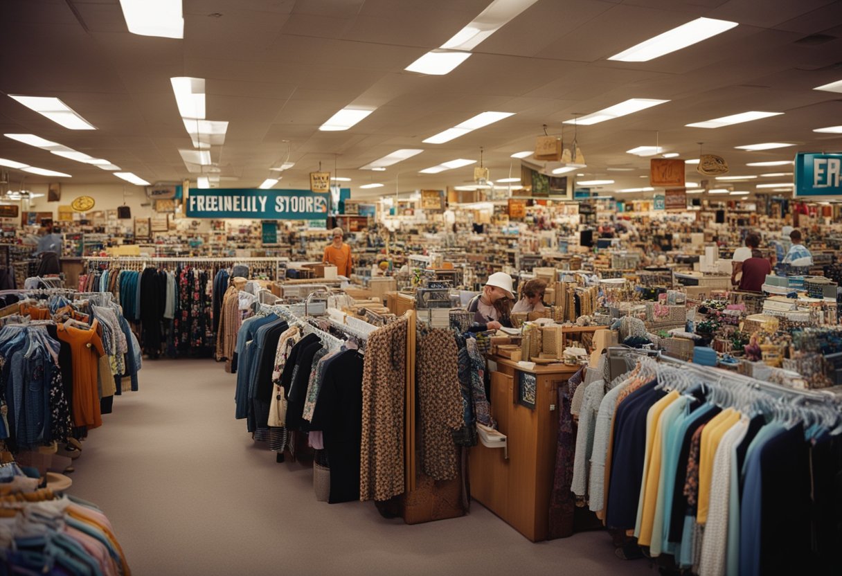 A bustling thrift store with rows of clothing racks, shelves of knick-knacks, and customers browsing through the eclectic selection. Displaying one of the Best Thrift Stores in San Diego.