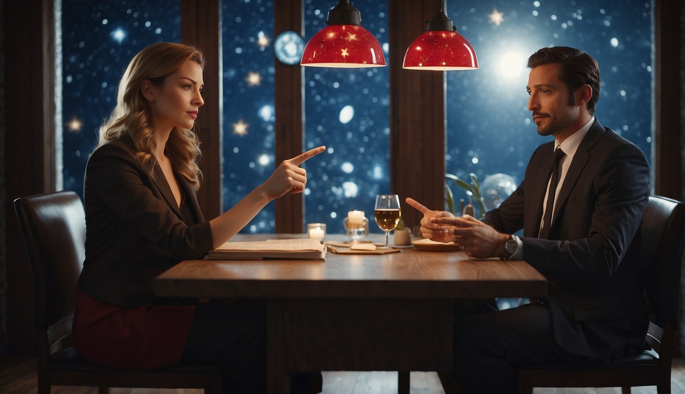 Two people sitting at a table, one pointing to a horoscope chart while the other looks skeptical. A red flag symbol hovers above them