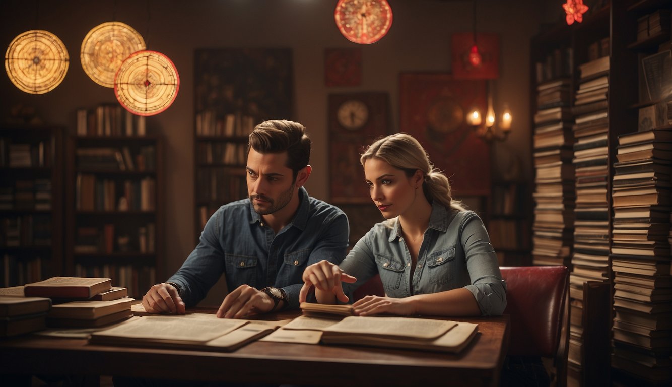 A couple sits at a table, surrounded by astrology books and charts. One person points to a red flag symbol while the other looks concerned