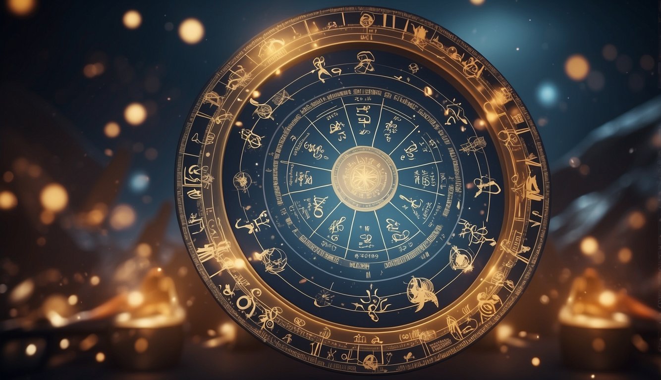 A circle of zodiac symbols with warning signs around them