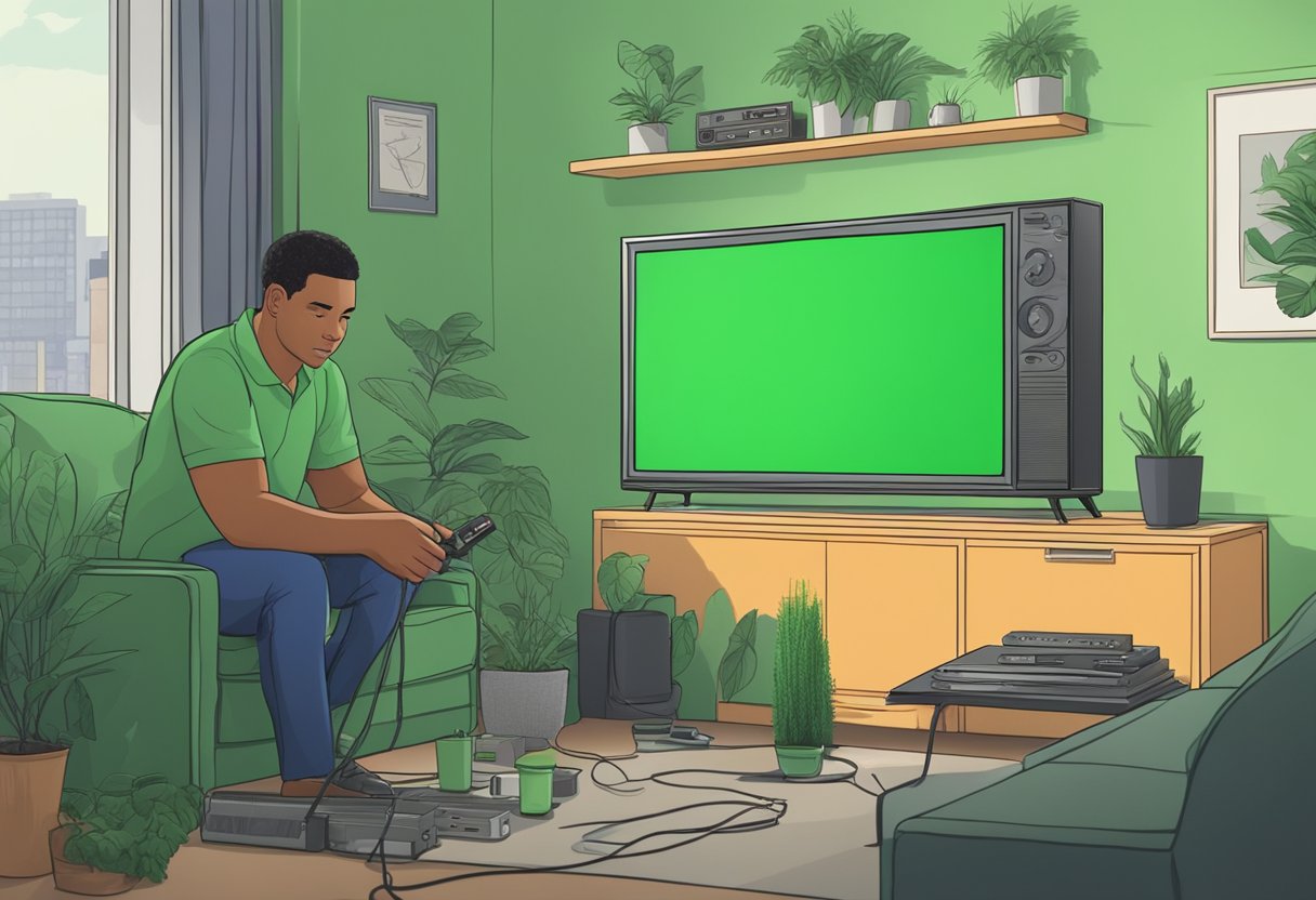 A technician adjusts cables behind a TV, fixing a green screen issue while a Netflix show plays in the background