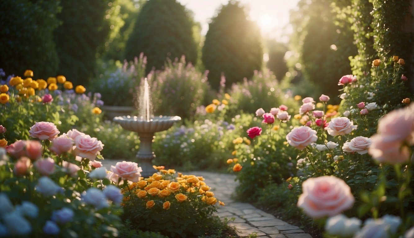 A garden blooming with flowers, each representing a zodiac sign, with vibrant colors and scents filling the air. A gentle breeze carries the scent of roses, while the sound of a bubbling fountain adds to the serene atmosphere