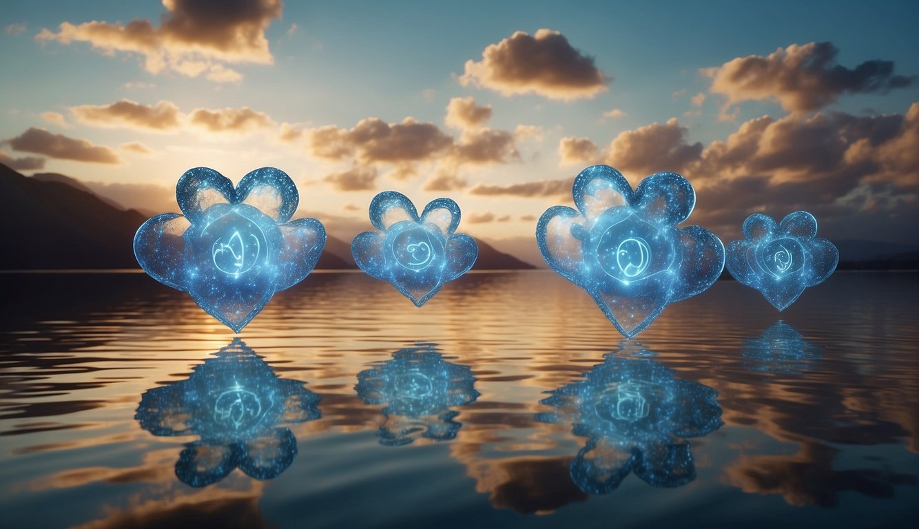 Three floating clouds with zodiac symbols (twins, scales, water bearer) surrounded by hearts and arrows. A glowing aura emanates from each cloud