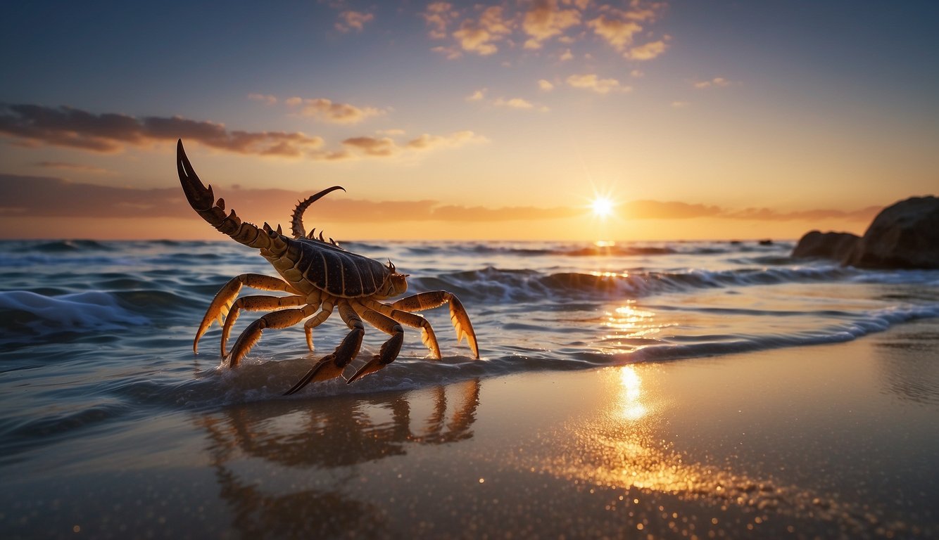 A serene beach at sunset, with gentle waves and a starry sky. A Cancerian symbol, a Scorpio's scorpion, and a Pisces fish are subtly incorporated into the scenery